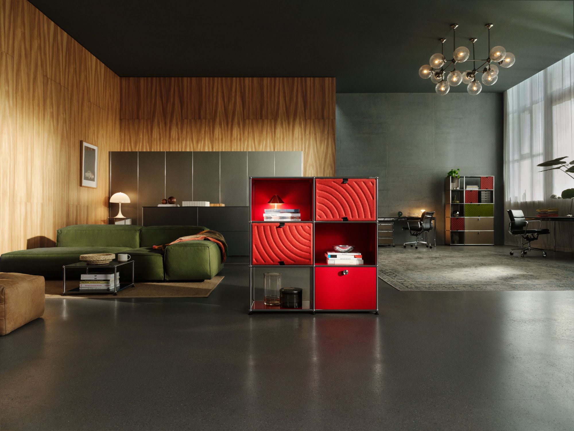 Composition USM Haller rouge mise en scène dans un intérieur design